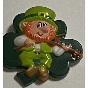 Vintage Irish PIN St Patricks Day LEPRECHAUN Fiddler Shamrock Russ Brooch